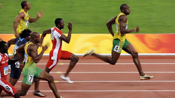 La finale du 100 m des Jeux olympiques de P&eacute;kin (Chine), remport&eacute;e par Usain Bolt, le 16 ao&ucirc;t 2008. (CROSNIER / DPPI-SIPA)