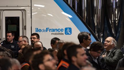 L'inauguration du prolongement de la ligne RER E à Courbevoie (Hauts-de-Seine), le 3 mai 2024. (ARNAUD PAILLARD / HANS LUCAS / AFP)