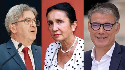 Jean-Luc Mélenchon, Huguette Bello et Olivier Faure sont pressentis pour candidater au poste de Premier ministre pour le Nouveau Front populaire. (PHOTOS AFP / MONTAGE RADIOFRANCE)