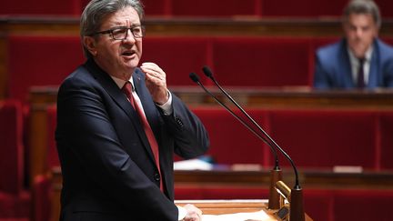 Jean-Luc Mélenchon, président du groupe La France insoumise à l'Assemblée nationale, le 28 avril 2020 dans l'hémicycle. (DAVID NIVIERE / AFP)