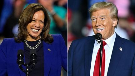 Image combinée des deux candidats à l'élection présidentielle américaine, créée le 1er novembre 2024. Avec Kamala Harris, vice-présidente et candidate démocrate à la présidentielle durant sa campagne à Reno au Nevada, le 31 octobre 2024, et l'ex-président et candidat républicain à la présidentielle, Donald Trump, en Pennsylvanie, le 29 octobre 2024 à Allentown. (LOREN ELLIOTT, ANGELA WEISS / AFP)