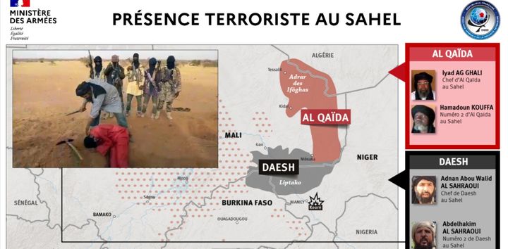 Map of the Ministry of Armed Forces on the presence of terrorists in the Sahel.  & Nbsp;  The photo at the top left, according to the DGSE, was executed by the second of the head of AQIM, Adnane Abou Walid al Sahraoui.  (MINISTRY OF THE POOR / DGSE)