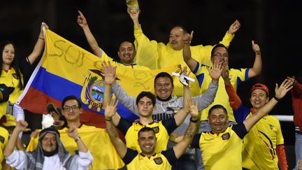 Des supporters équatoriens pendant la rencontre entre le Paraguay et l'Equateur, le 24 mars 2022, au Paraguay.&nbsp; (NORBERTO DUARTE / AFP)