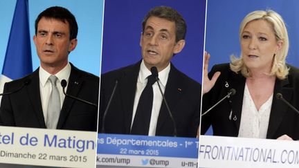 Manuel Valls, Nicolas Sarkozy et Marine Le Pen s'expriment au soir du premier tour des &eacute;lections d&eacute;partementales, le 22 mars 2015. (AFP / FRANCETV INFO)