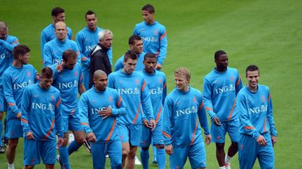 Des joueurs de l'&eacute;quipe n&eacute;erlandaise de football lors d'un entra&icirc;nement &agrave; Cracovie, en Pologne, le 5 juin 2012.&nbsp; (ANNE-CHRISTINE POUJOULAT / AFP)