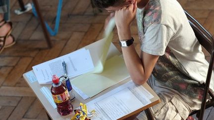 Un &eacute;l&egrave;ve planche sur l'&eacute;preuve de philosophie du baccalaur&eacute;at, lundi 17 juin 2013, au lyc&eacute;e Pasteur, &agrave; Strasbourg (Bas-Rhin).&nbsp; (FREDERICK FLORIN / AFP)