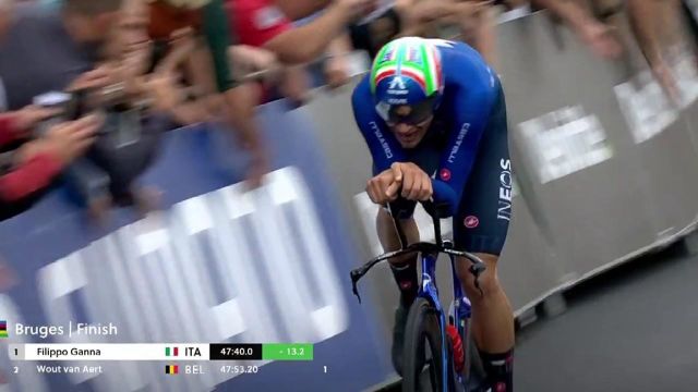 Filippo Ganna récidive et conserve son titre de champion du monde du contre-la-montre ! L'Italien effectue un retour sensationnel pour souffler la victoire au local de la course, Wout van Aert, pour 5 petites secondes.