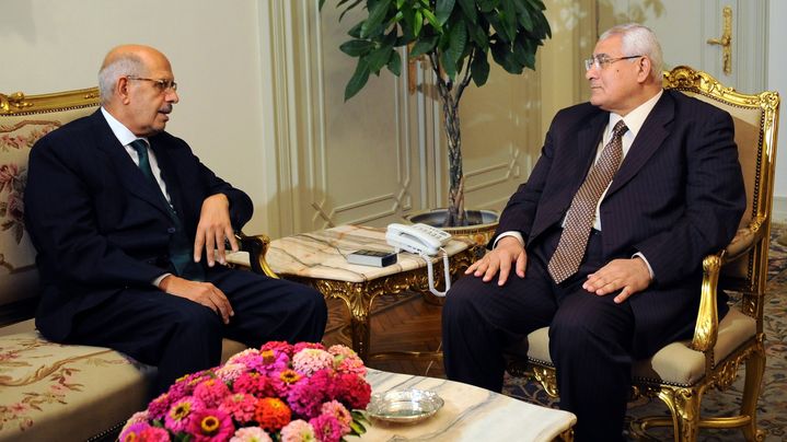 Mohamed El-Baradei (G) discute avec le pr&eacute;sident &eacute;gyptien par int&eacute;rim Adly Mansour, au Caire (Egypte), le 6 juillet 2013. (EGYPTIAN PRESIDENCY / AFP)