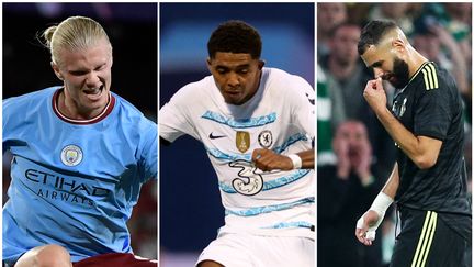 Erling Haaland (Manchester City), Wesley Fofana (Chelsea) et Karim Benzema (Real Madrid) à la Une de la première soirée de Ligue des champions de la saison 2022-2023, le mardi 6 septembre (Cristina Quicler / AFP - Damir Sencar / AFP - Robert Perry / EPA /MaxPPP)