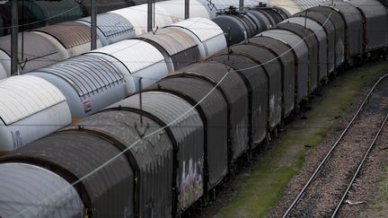 Des trains de marchandises, sur des voies de triage, à Drancy (Seine-Saint-Denis), le 14 avril 2018. (MAXPPP)