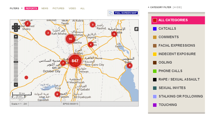 Capture d'&eacute;cran de la carte de l'association&nbsp;HarassMap, qui recense les cas de harc&egrave;lement sexuel en Egypte. (HARASSMAP)