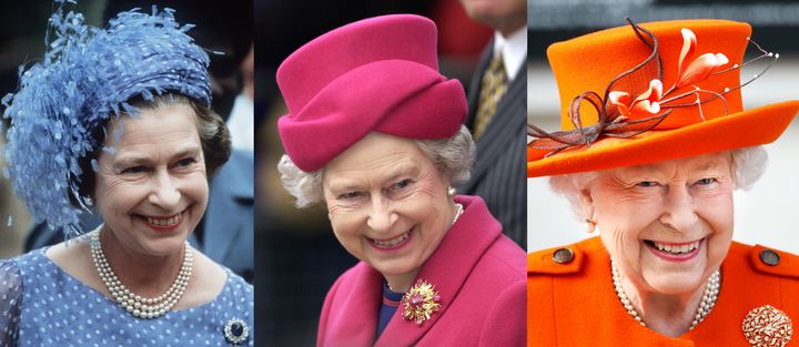 ( De gauche à droite )&nbsp; Elizabeth II le 18 octobre 1982 ; la reine le 12 mars 2002 ; Elizabeth II le 7 mars 2019. (TIM GRAHAM / MAX MUMBY INDIGO)