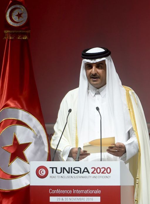 L'émir du Qatar, Tamim bin Hamad al-Thani, s'exprimant lors de la conférence Tunisia 2020 à Tunis le 29 novembre 2016. (AFP - Fethi Belaïd)