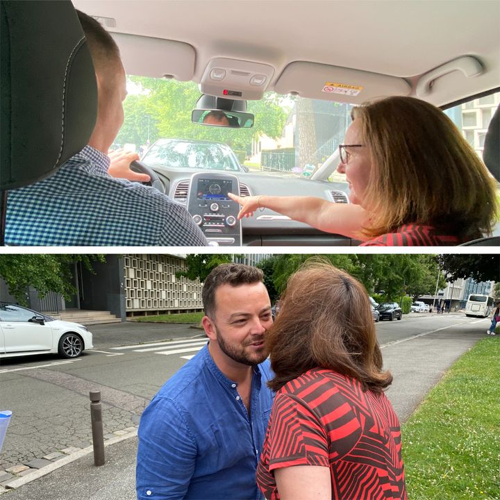 La députée RN Katiana Levavasseur en voiture avec son suppléant (en haut). Puis avec Kévin Mauvieux, lui aussi nouvellement élu (en bas). (RAPHAEL GODET / FRANCEINFO)