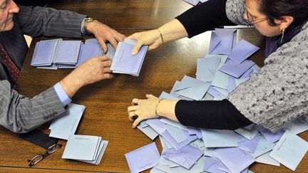 Des personnes participent au d&eacute;pouillement d'une &eacute;lection &agrave; Jumeaux (Puy-de-D&ocirc;me), le 14 mars 2010. (THIERRY ZOCCOLAN / AFP)