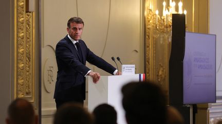 Emmanuel Macron devant les ambassadeurs réunis à l'Elysée, le 28 août 2023. (TERESA SUAREZ / AFP)