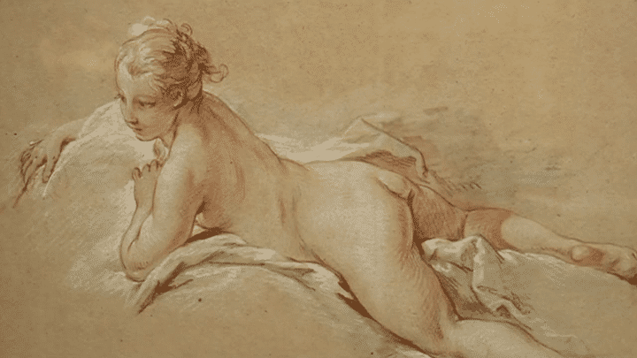 François Boucher "Femme nue allongée" vers 1740. Sanguine, pierre noire et craie blanche sur papier crème.
 (The Horvitz Collection – Photo : M.Gould)