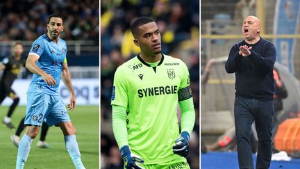 Adil Rami (Troyes), Alban Lafont (Nantes) et Frédéric Antonetti (Strasbourg) sont tous les trois concernés par la lutte pour le maintien en Ligue 1 2022-2023. (AFP)