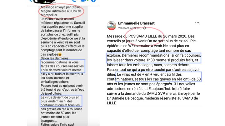 Des captures de messages massivement partagés diffusant de fausses informations sur le coronavirus. (CAPTURE ECRAN)