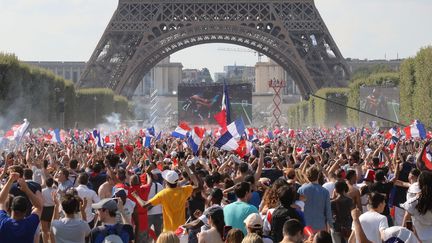 Les supporters de l'équipe de France, le 15 juillet 2018, au Champ-de-Mars, à Paris.&nbsp; (JACQUES DEMARTHON / AFP)