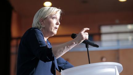 La candidate FN à la présidentielle Marine Le Pen, lors d'un meeting au Palais des congrès d'Ajaccio, le 8 avril 2017. (PASCAL POCHARD-CASABIANCA / AFP)