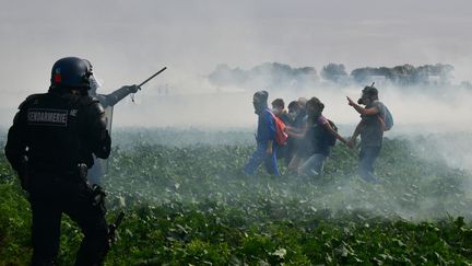 Face à face entre un gendarme et des manifestants opposés au projet de réserve d'eau à usage agricole à Sainte-Soline (Deux-Sèvres), le 29 octobre 2022. (PASCAL LACHENAUD / AFP)