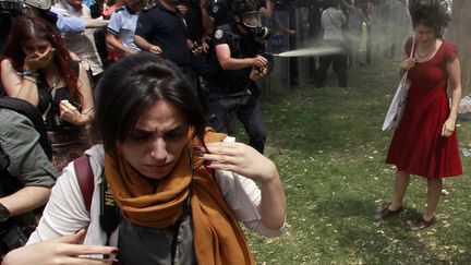 Un policier turc asperge une manifestante de gaz lacrymog&egrave;ne sur la place Taksim &agrave; Istanbul (Turquie), le 28 mai 2013. (OSMAN ORSAL / REUTERS)