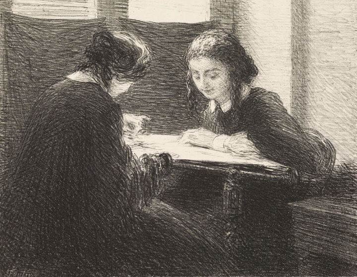 Henri Fantin Latour, "Petite broderie"1898, planche de "Impression et affiche"15 mars 1898, Lithographie au crayon et grattage sur porcelaine appliquée sur papier parchemin, Vevey, Musée Jenisch Vevey - Cabinet cantonal des estampes, Fondation William Cuendet & Atelier de Saint-Prex, Collection P (© Olivier Christinat, Lausanne)