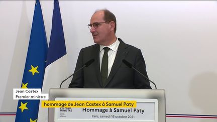 Le Premier ministre, Jean Castex, lors d'un hommage à Samuel Paty, au ministère de l'Education nationale, le 16 octobre 2021. (FRANCEINFO)