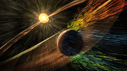 Des &eacute;ruptions solaires seraient &agrave; l'origine de la perte de l'atmosph&egrave;re de Mars, selon une &eacute;tude bas&eacute;e sur les r&eacute;sultats d'une sonde&nbsp;de la Nasa, publi&eacute;e jeudi 5 novembre 2015. (NASA)