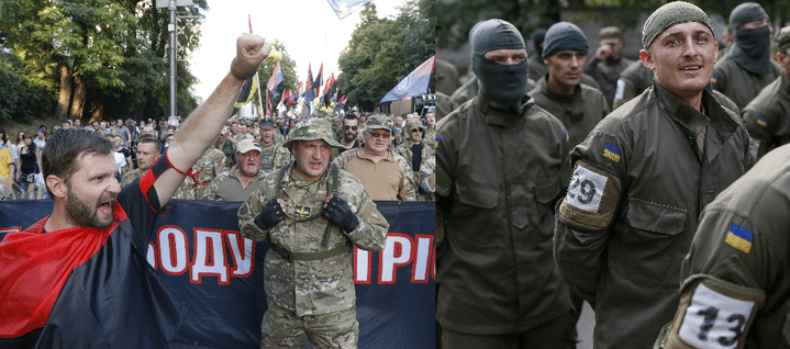 Membres du parti d'extrême droite Pravy Sektor, manifestant contre les accords de Minsk, et volontaires du bataillon Azov à l'entraînement. Kiev, été 2015.
  (REUTERS/Valentyn Ogirenko, REUTERS/Gleb Garanich)