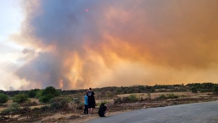 Des habitants de Gianouli en Grèce regardent, impuissants, les flammes ravager le parc national forestier de Dadia. (MARIE-PIERRE VEROT / RADIO FRANCE)