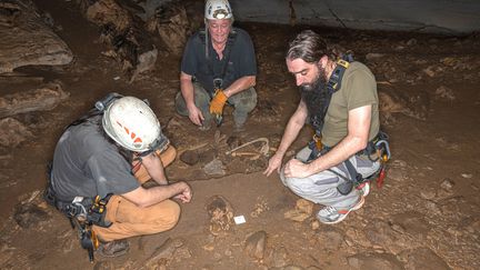 Archéologues et anthropologues français observent des restes mis au jour dans la grotte&nbsp;d'Iroungou, au Gabon, le 3 mars 2020 (PASCAL MORA / ARCHEOVISION / AFP)