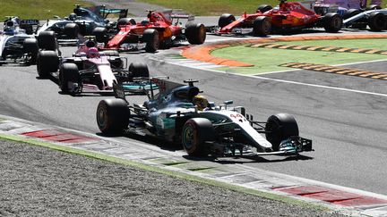 Le Britannique Lewis Hamilton (Mercedes) devant le restant de la meute lors du Grand Prix d'Italie, à Monza. (ANDREJ ISAKOVIC / AFP)