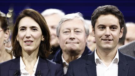 La candidate de la Renaissance Valérie Hoyer et le Premier ministre Gabriel Attal, lors du lancement de la campagne européenne, à Lille, le 9 mars 2024. (SAMEER AL-DOUMY / AFP)