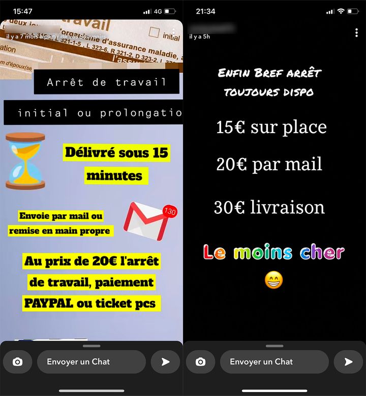 Capture d'écran de stories faisant la promotion de faux arrêts maladie sur Snapchat. (FRANCEINFO)