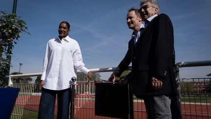 March 22, 2024. Inauguration of the new athletics track at the National Institute of Sport, Expertise and Performance, named after the triple Olympic champion, Marie-José Pérec. A track with optical fiber, capable of detecting all contacts with the ground. (MATHILDE KACZKOWSKI / HANS LUCAS VIA AFP)