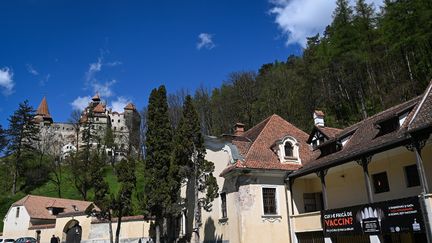 Au premier plan, une banderole sur laquelle il est écrit en roumain : "Qui est effrayé par le vaccin ?". En arrière plan, le château de Bran.&nbsp; (DANIEL MIHAILESCU / AFP)