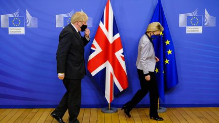 Le Premier ministre britannique, Boris Johnson, et la présidente de la Commission européenne, Ursula von der Leyen,&nbsp;le 11 décembre 2020 à Bruxelles. (ALEXANDROS MICHAILIDIS / HANS LUCAS / AFP)