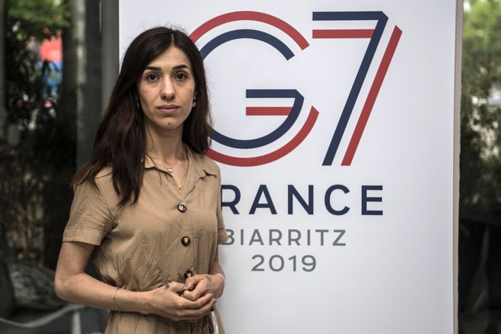 La militante yézidie Nadia Murad lors d'un événement organisé à Paris, le 9 mai 2019, en amont du sommet G7 à Biarritz (Pyrénées-Atlantiques). (CHRISTOPHE ARCHAMBAULT / AFP)