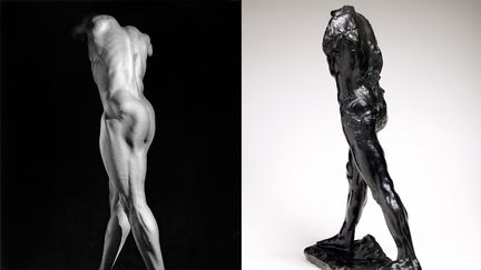 La parenté est saisissante entre cet "Homme qui marche" de Rodin et ce corps tendu et sculptural photographié par Mapplethorpe, qui a fait disparaître les bras et la tête dans l'ombre, en faisant une statue antique tronquée.
 (A gauche, 2014 Robert Mapplethorpe Foundation, Inc. - A droite © Paris, musée Rodin, ph. C. Baraja)