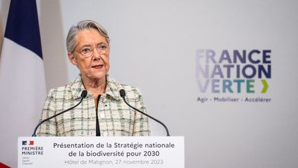 Elisabeth Borne à Paris, le 27 novembre 2023. (XOSE BOUZAS / HANS LUCAS / AFP)