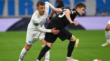 Valentin Rongier, joueur de l'OM, lors de la rencontre face au Lokomotiv Moscou en Ligue Europa, au stade Vélodrome, jeudi 9 décembre. (CHRISTOPHE SIMON / AFP)