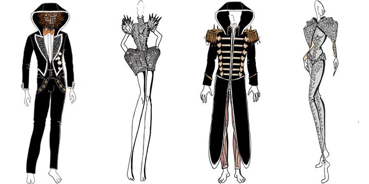 Costumes On Aura Tout Vu pour le ballet Casse-Noisette de Jeroen Verbrugen : (de gauche à droite), costumes de Drosselmeyer, clones de Marie, prince des noix et la danseuse miroir.
 (GTG/On Aura Tout Vu)