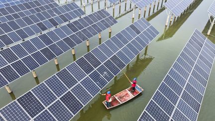 Des techniciens inspectent des équipements photovoltaïques installés dans un étang utilisé traditionnellement pour l'industrie de la pêche à Suqian, en Chine, le 10 octobre 2024. (CFOTO / NURPHOTO / AFP)