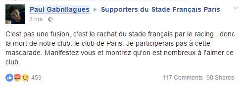 Capture d'écran d'un message du joueur du Stade Français, Paul Gabrillagues, après l'annonce d'une fusion avec le Racing 92, le 13 mars 2017. (FACEBOOK)