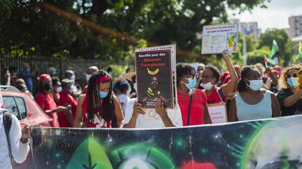 Des manifestants&nbsp;protestent contre la possible prescription dans l'affaire du chlordécone,&nbsp;à Fort-de-France (Martinique) le 27 février 2021. (LIONEL CHAMOISEAU / AFP)