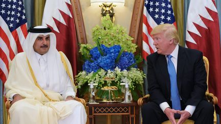 L'émir du Qatar, Tamim ben Hamad Al-Thani, discute avec le président américain, Donald Trump, dans un hôtel de Riyad, en Arabie saoudite, le 21 mai 2017. (MANDEL NGAN / AFP)