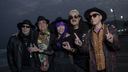 Casquette, moustache et longues boucles noires, Moraes Moreira, chanteur et compositeur du légendaire groupe Novos Baianos, posait avec ses vieux amis le 19 juillet 2016 à Rio de Janeiro. De gauche à droite, Pepeu Gomes, Paulinho Boca de Cantor, Baby do Brasil, Moraes Moreira et Luiz Galvão (MAURO PIMENTEL / AFP)