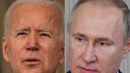 Le président américain Joe Biden (à g.), le 15 mars 2021, et le président russe Vladimir Poutine (à dr.), le 6 mars 2020. (ERIC BARADAT / SPUTNIK)